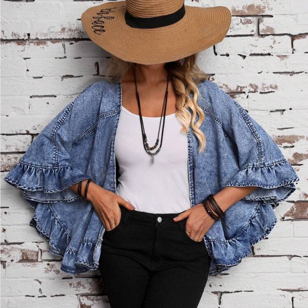 LUNE Women's Denim Jacket With Ruffle Edge Detail - Picture 1 of 4